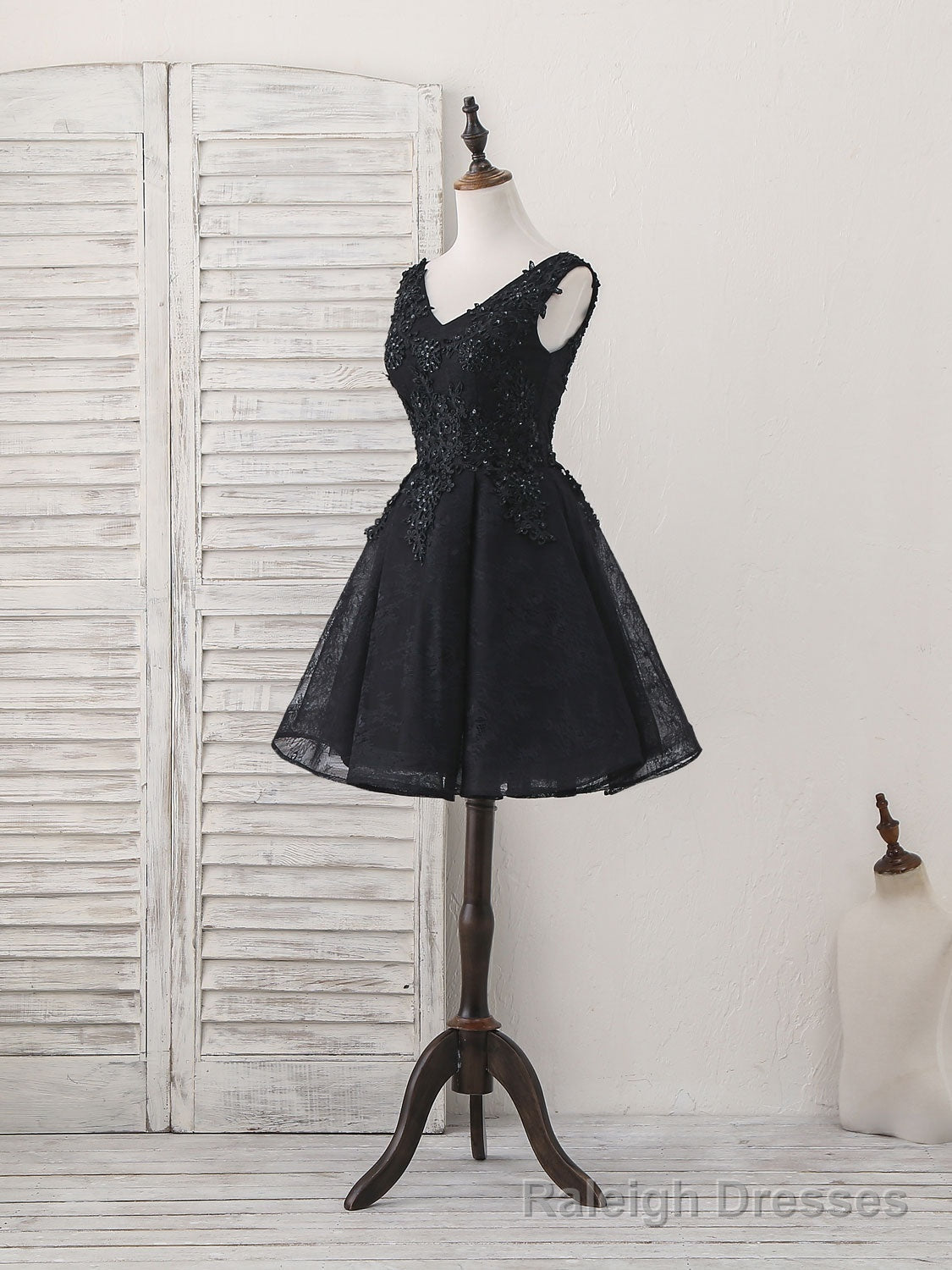 Black V Neck Lace V Neck Short Prom Dress, Black Homecoming Dress Main image