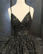Black V Neck Ruffles Starry Homecoming Dress