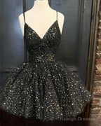 Black V Neck Ruffles Starry Homecoming Dress