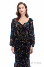 V-Neck Sequins Mermaid Prom Dresses with Sleeves