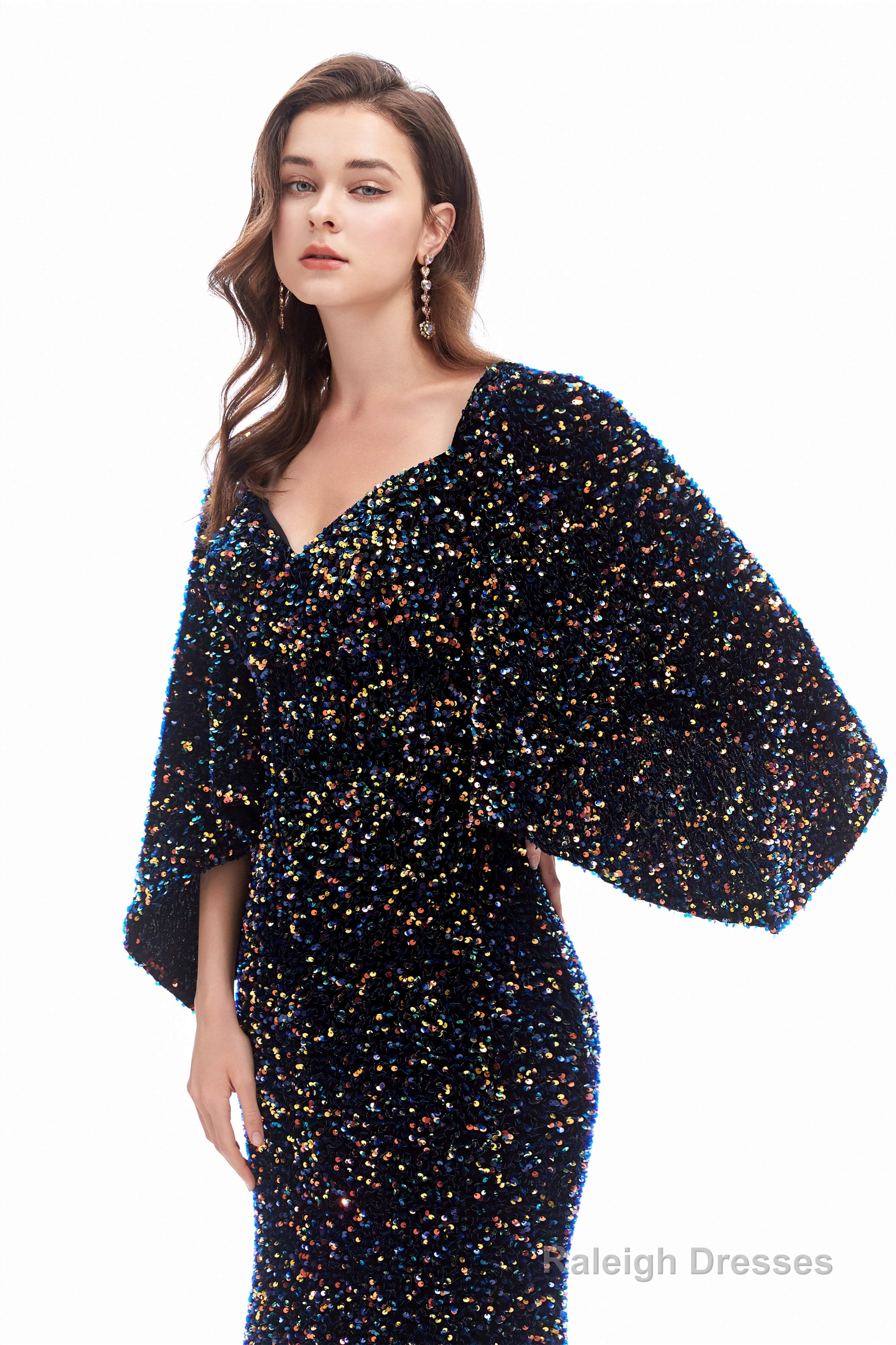 V-Neck Sequins Mermaid Prom Dresses with Sleeves