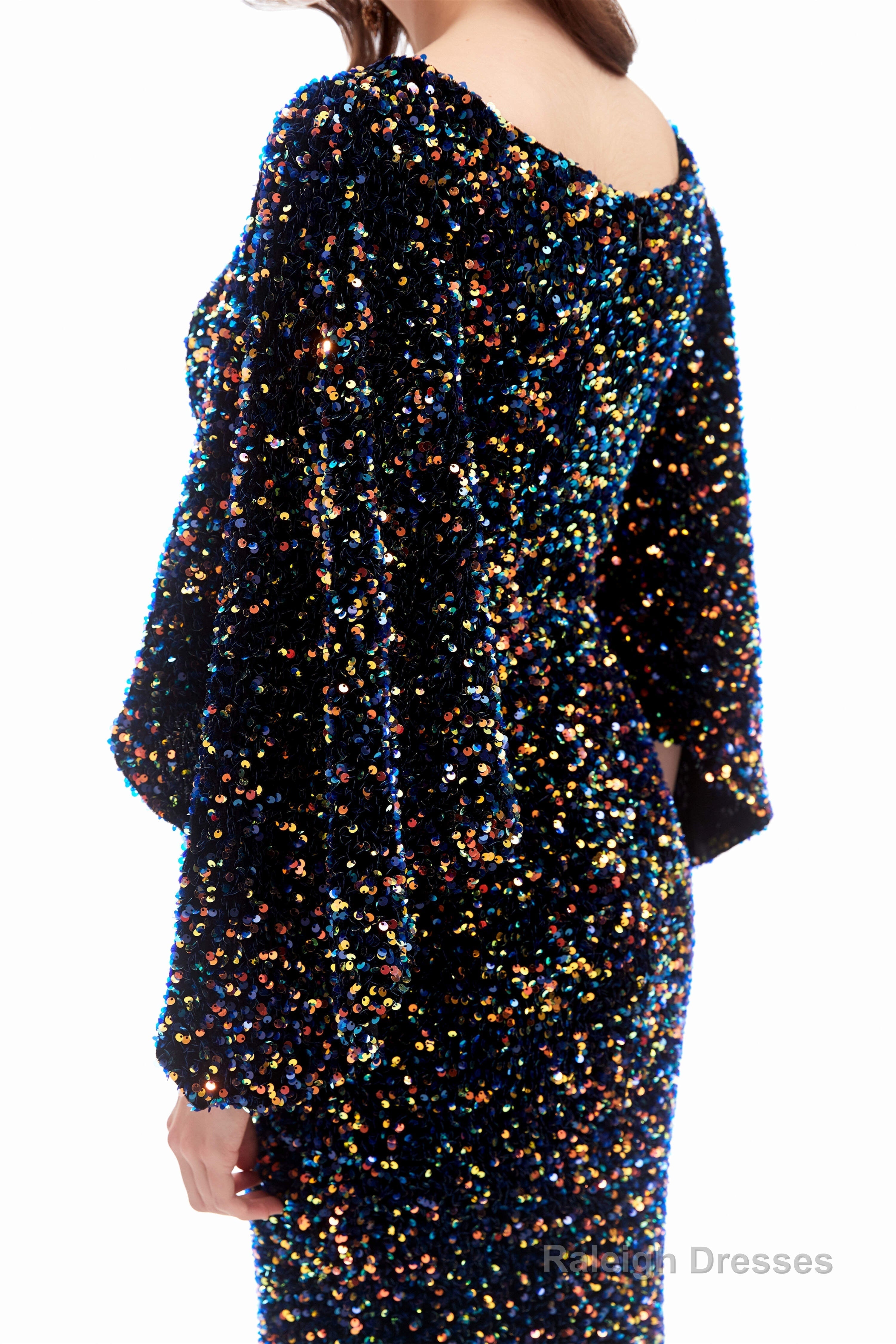 V-Neck Sequins Mermaid Prom Dresses with Sleeves