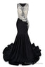 Black V-Neck Sheer Corset Prom Dresses Beaded Mermaid Long Train Evening Gowns