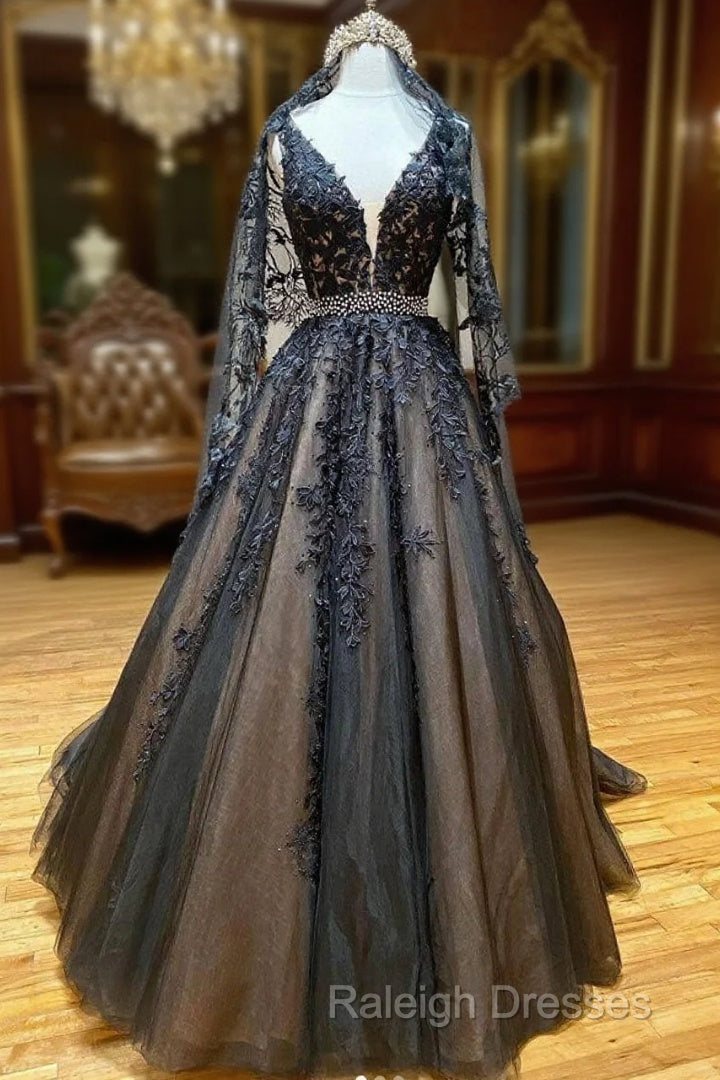 Black V Neck Tulle Lace Beads Long Prom Dress Black Evening Dress