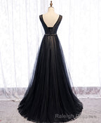 Black V Neck Tulle Lace Long Prom Dress Black Evening Dress