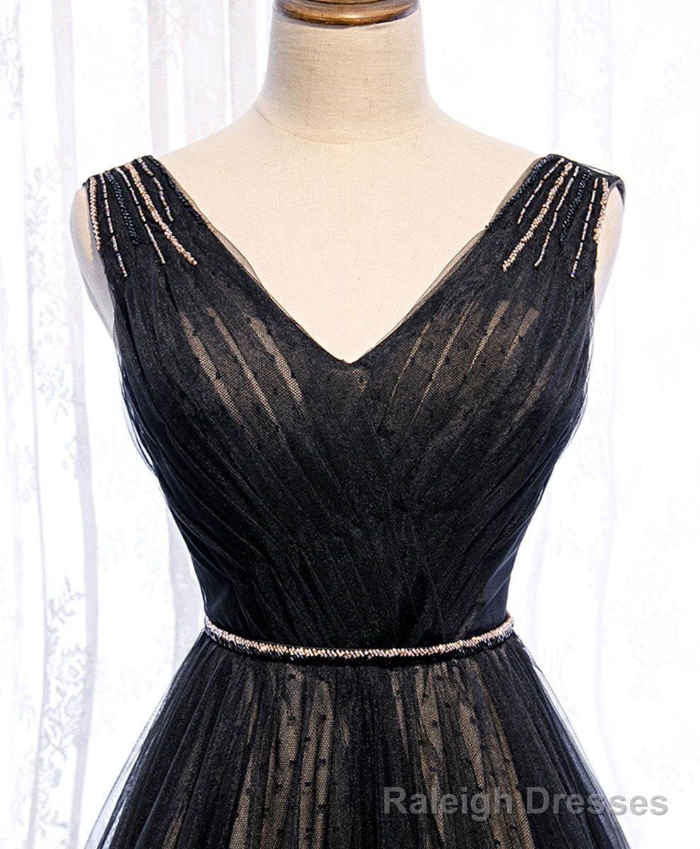 Black V Neck Tulle Lace Long Prom Dress Black Evening Dress