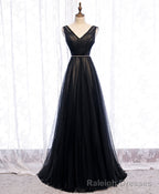 Black V Neck Tulle Lace Long Prom Dress Black Evening Dress