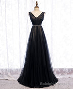 Black V Neck Tulle Lace Long Prom Dress Black Prom Dress