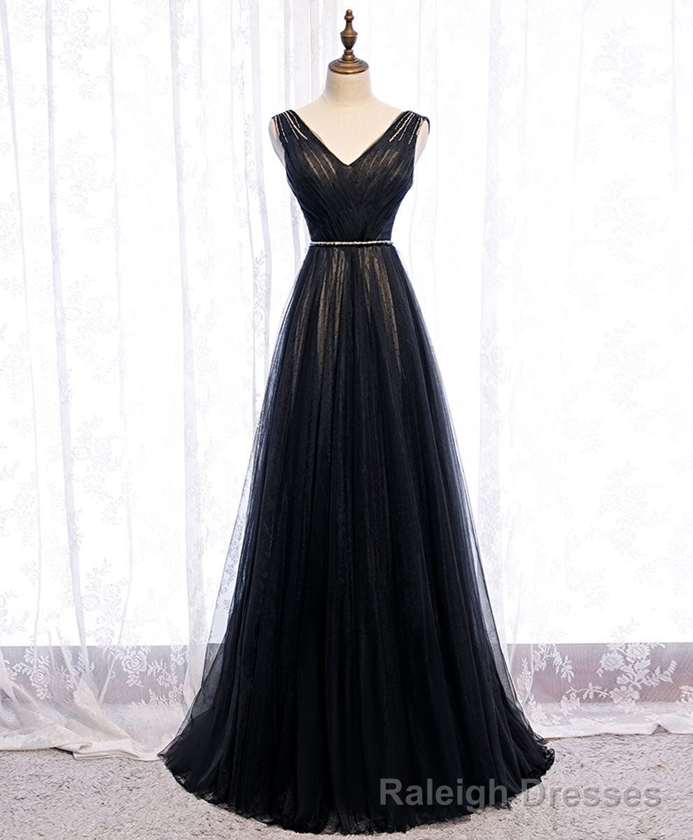Black V Neck Tulle Lace Long Prom Dress Black Prom Dress