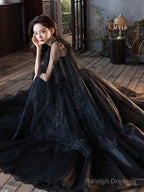 Black V Neck Tulle Lace Long Prom Dresses, Black Lace Formal Evening Dresses