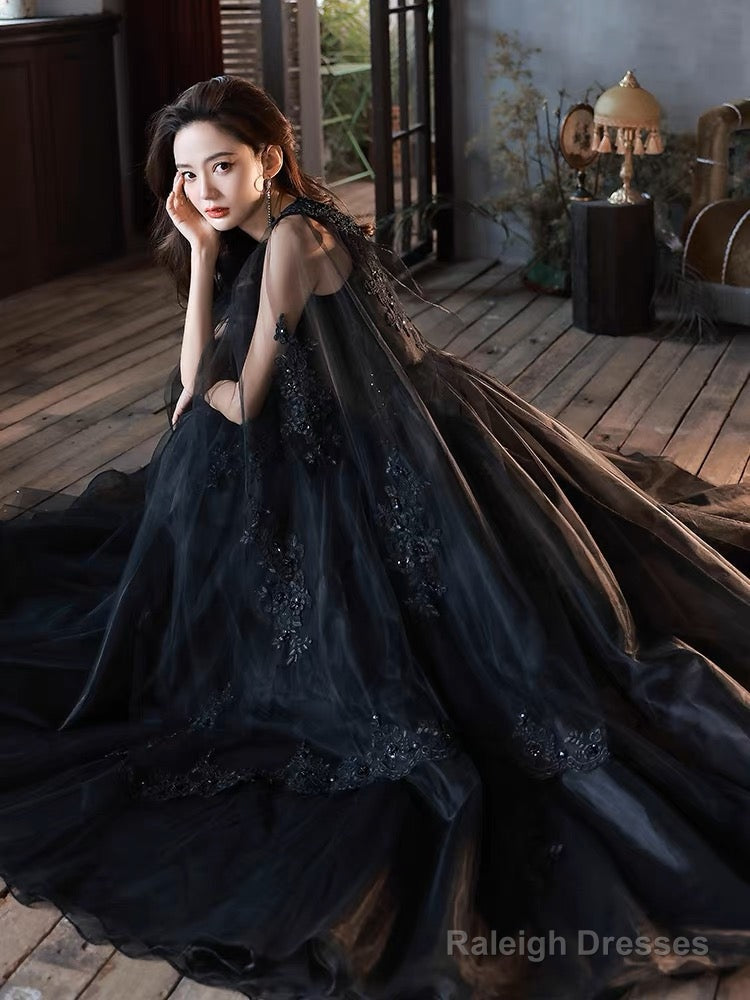 Black V Neck Tulle Lace Long Prom Dresses, Black Lace Formal Evening Dresses