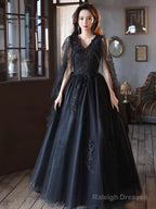 Black V Neck Tulle Lace Long Prom Dresses, Black Lace Formal Evening Dresses