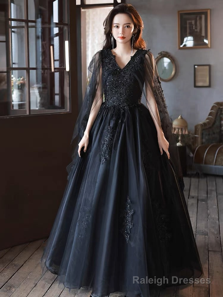Black V Neck Tulle Lace Long Prom Dresses, Black Lace Formal Evening Dresses