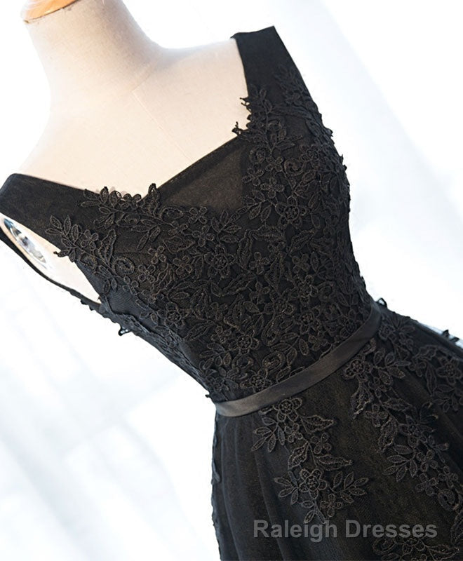 Black V Neck Tulle Lace Prom Dress, Lace Prom Dress