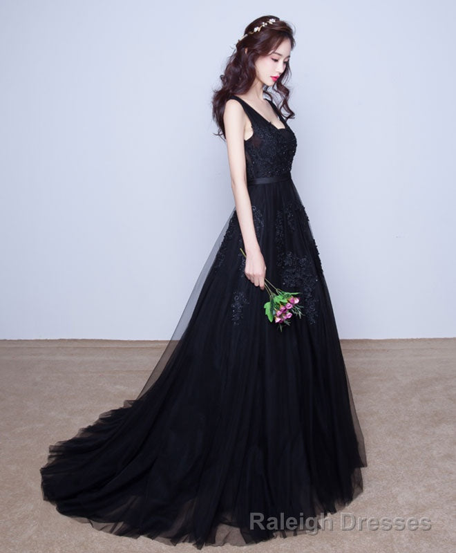 Black V Neck Tulle Lace Prom Dress, Lace Prom Dress
