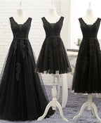 Black V Neck Tulle Lace Prom Dress, Lace Prom Dress