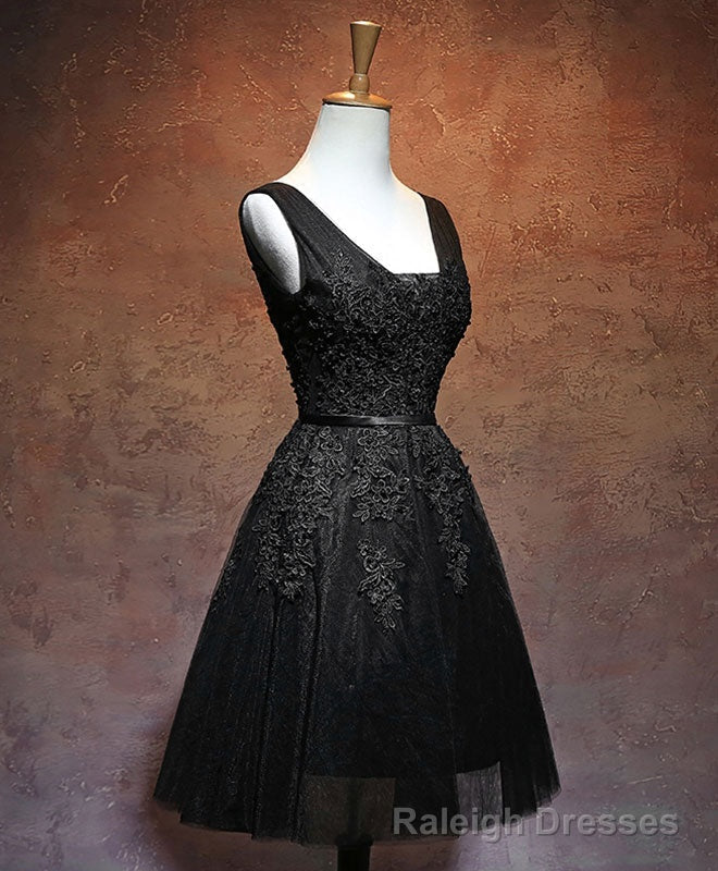 Black V Neck Tulle Lace Short Prom Dress, Black Homecoming Dresses Secondary image