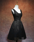 Black V Neck Tulle Lace Short Prom Dress, Black Homecoming Dresses