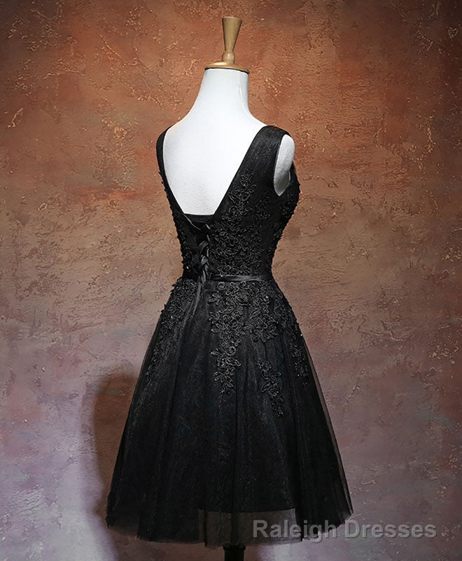 Black V Neck Tulle Lace Short Prom Dress, Black Homecoming Dresses