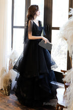 Black V-Neck Tulle Layers Long Prom Dresses A-Line Black Prom Dresses