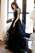 Black V-Neck Tulle Layers Long Prom Dresses A-Line Black Prom Dresses