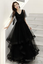 Black V-Neck Tulle Layers Long Prom Dresses A-Line Black Prom Dresses