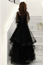 Black V-Neck Tulle Layers Long Prom Dresses A-Line Black Prom Dresses