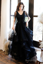 Black V-Neck Tulle Layers Long Prom Dresses A-Line Black Prom Dresses