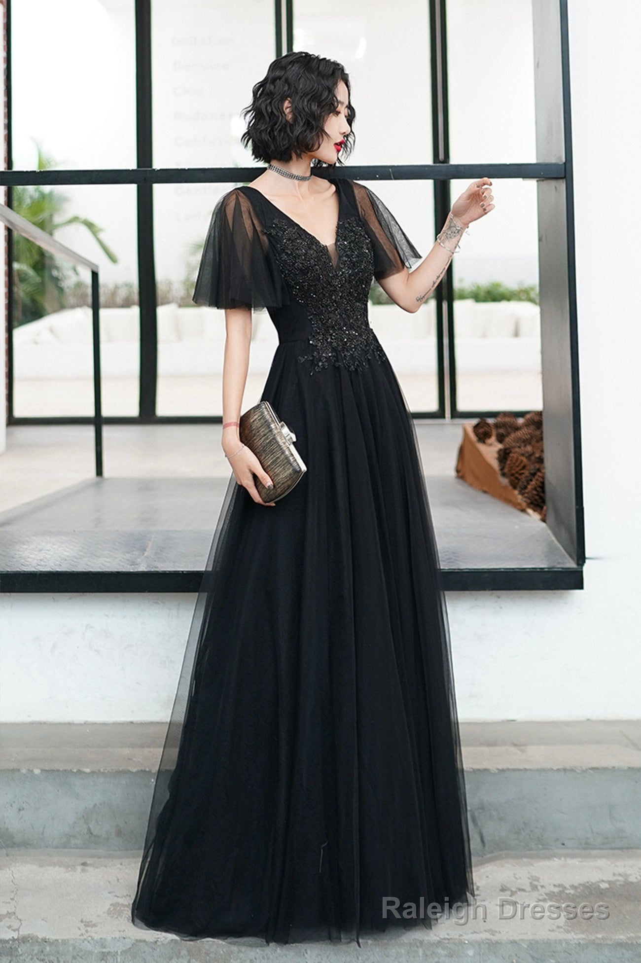 Black V-Neck Tulle Long Prom Dress, Black A-Line Formal Evening Dress
