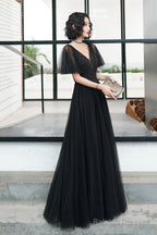 Black V-Neck Tulle Long Prom Dress, Black A-Line Formal Evening Dress