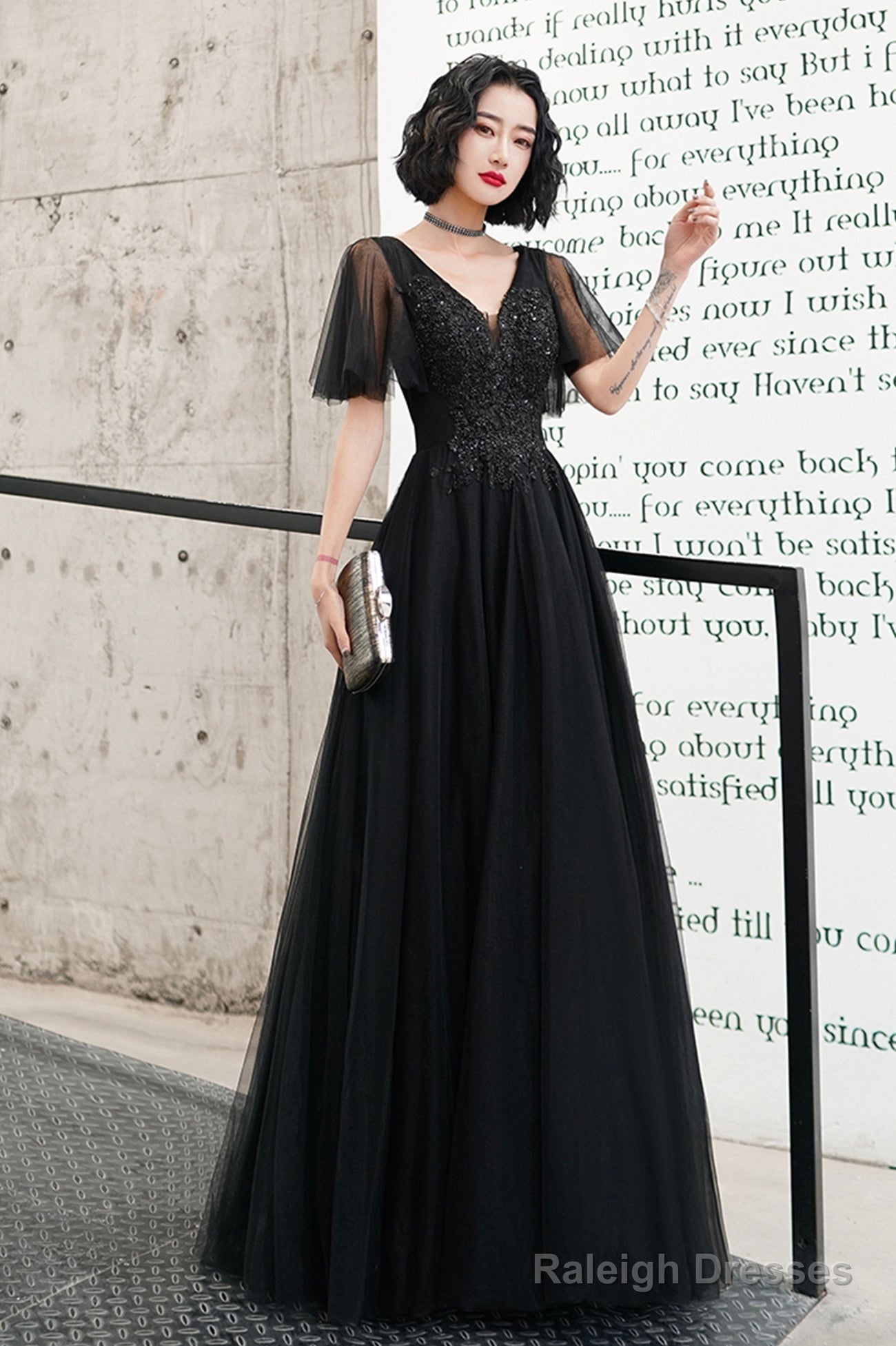 Black V-Neck Tulle Long Prom Dress, Black A-Line Formal Evening Dress