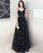 Black V Neck Tulle Long Prom Dress, Black Evening Dress