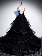 Black V Neck Tulle Long Prom Dress, Black Formal Graduation Dress with Beading