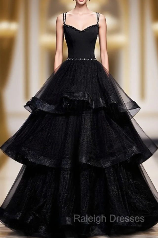 Black V Neck Tulle Long Prom Dress, Black Formal Graduation Dress with Beading Main image