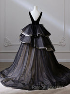 Black V Neck Tulle Long Prom Dress, Black Long Evening Dress