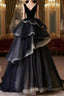 Black V Neck Tulle Long Prom Dress, Black Long Evening Dress