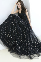 Black V-Neck Tulle Long Prom Dress, Cute A-Line Evening Dress With Stars