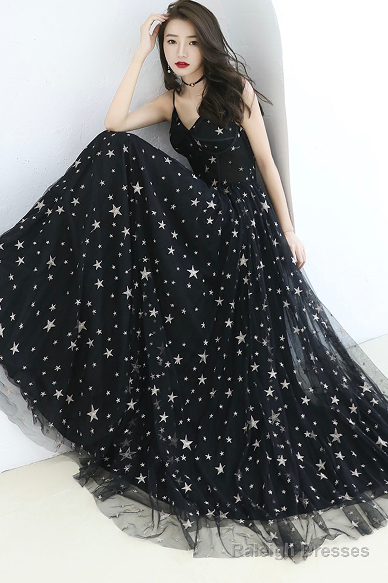 Black V-Neck Tulle Long Prom Dress, Cute A-Line Evening Dress With Stars