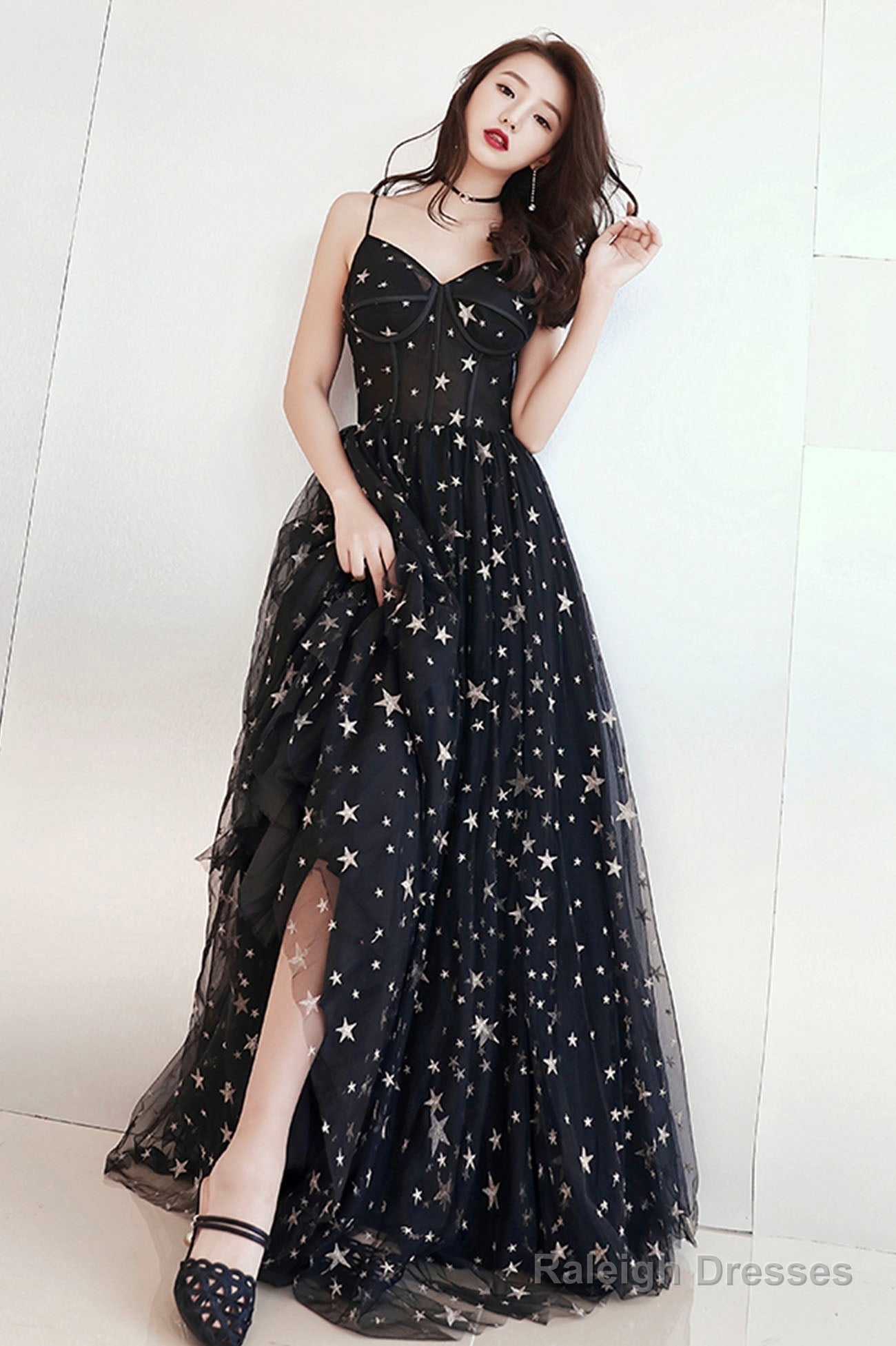 Black V-Neck Tulle Long Prom Dress, Cute A-Line Evening Dress With Stars