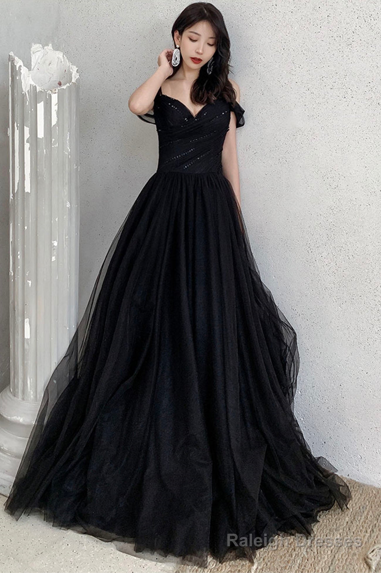 Black V-Neck Tulle Long Prom Dress, Off The Shoulder Evening Dress