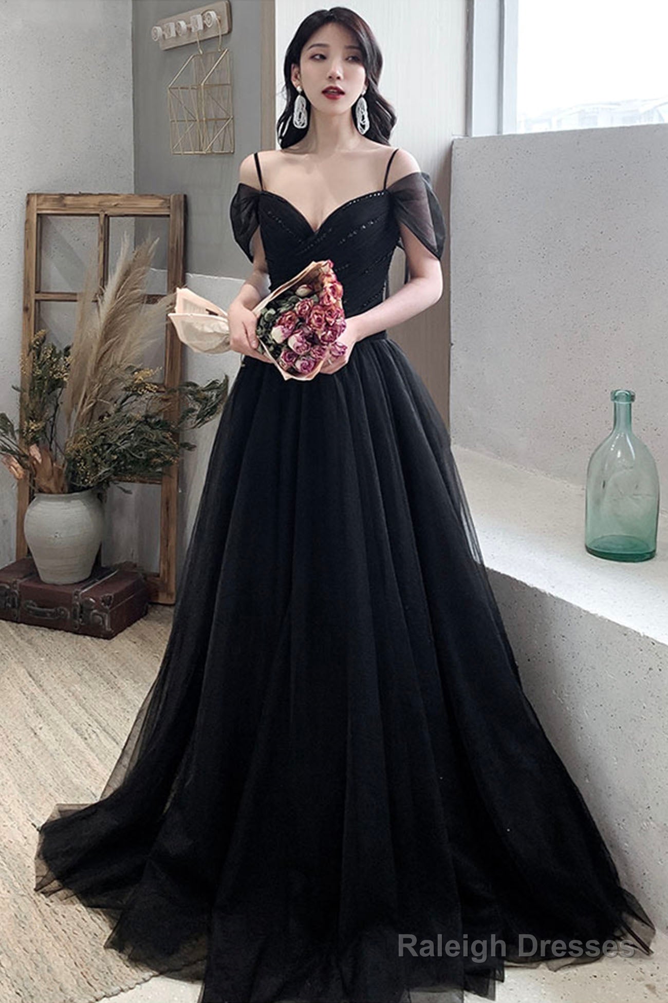 Black V-Neck Tulle Long Prom Dress, Off The Shoulder Evening Dress