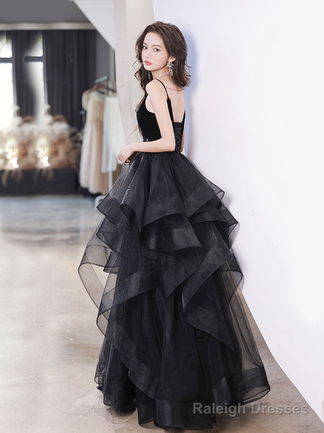 Black V Neck Tulle Long Prom Dresses, Black Formal Evening Dress