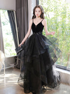 Black V Neck Tulle Long Prom Dresses, Black Formal Evening Dress