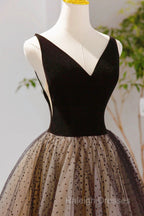 Black V-Neck Tulle Short Prom Dress, A-Line Black Tea Length Party Dress