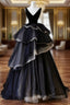 Black V Neck Tulle Velvet Long Prom Dress, Black Long Formal Dress