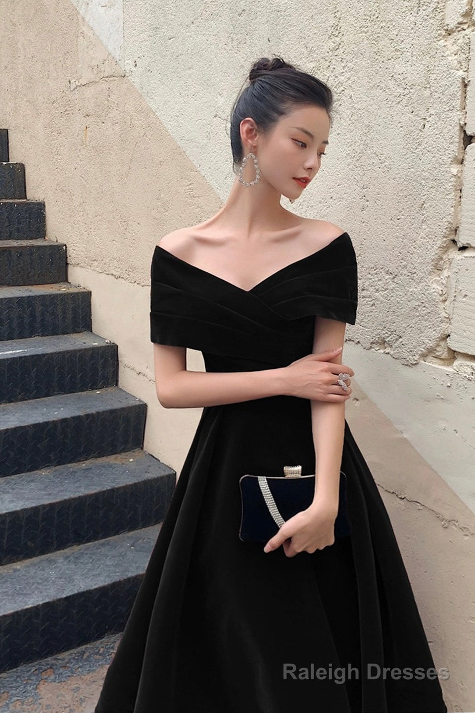 Black V-Neck Velvet Knee Length Prom Dress, Black Evening Party Dress