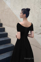 Black V-Neck Velvet Knee Length Prom Dress, Black Evening Party Dress