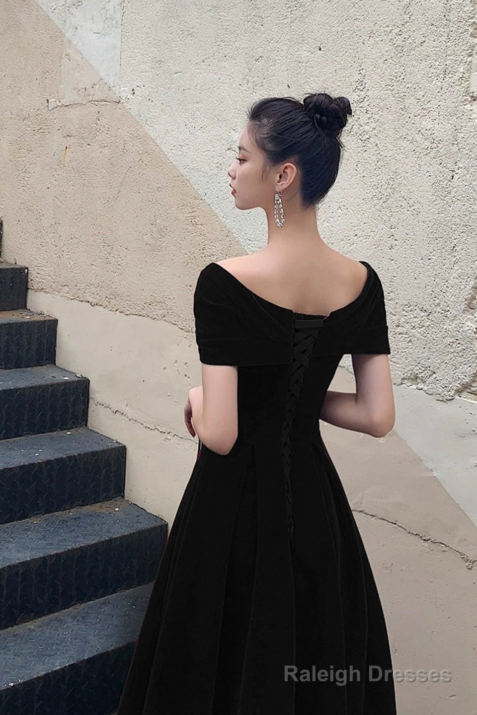 Black V-Neck Velvet Knee Length Prom Dress, Black Evening Party Dress