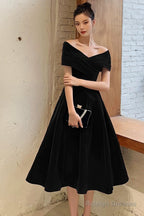 Black V-Neck Velvet Knee Length Prom Dress, Black Evening Party Dress