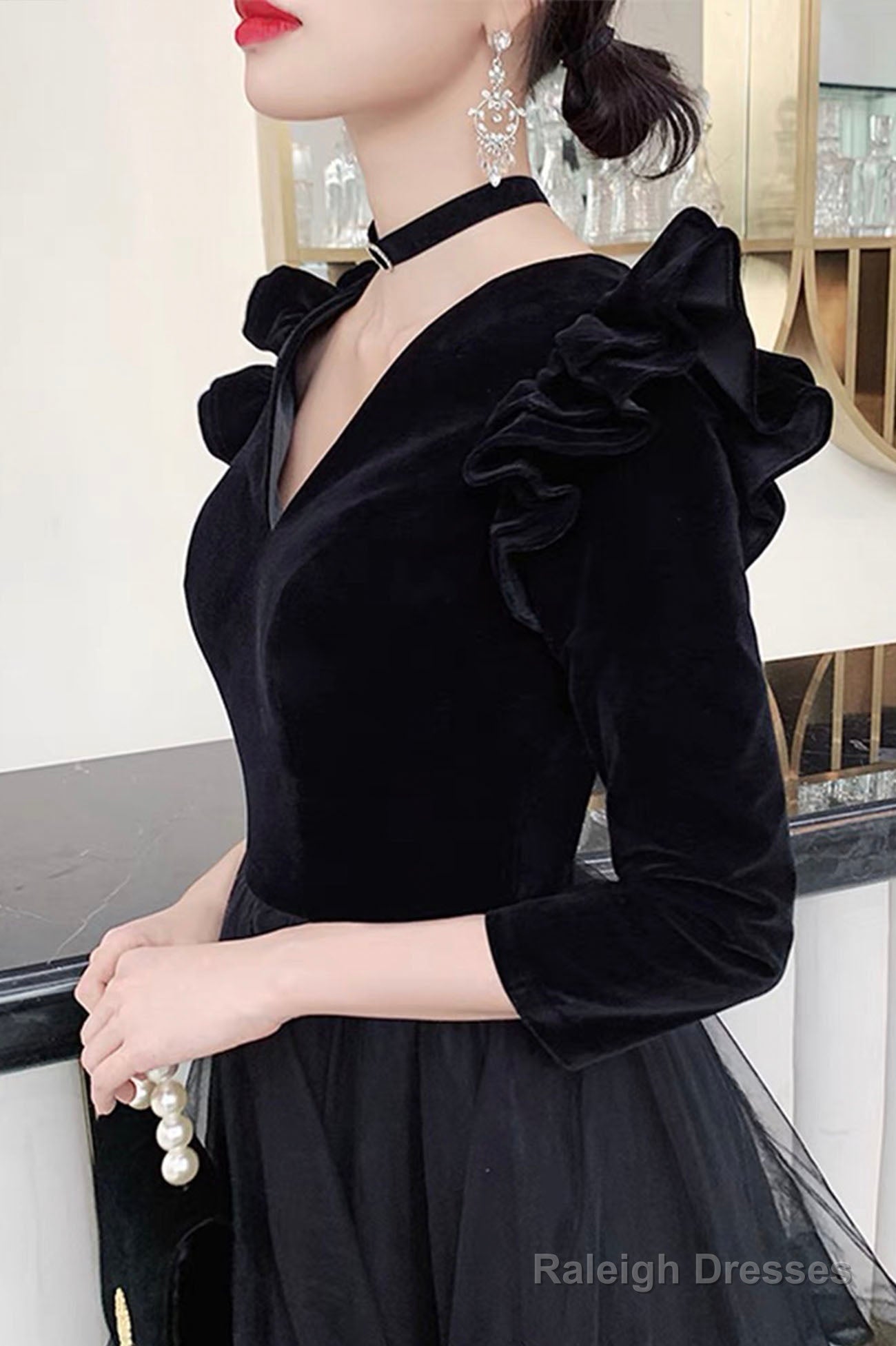 Black V-Neck Velvet Tulle Long Prom Dress, Long Sleeve Party Dress Secondary image